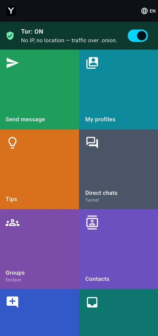 Home screen: Tor on, tiles for direct chats, groups, contacts and profiles